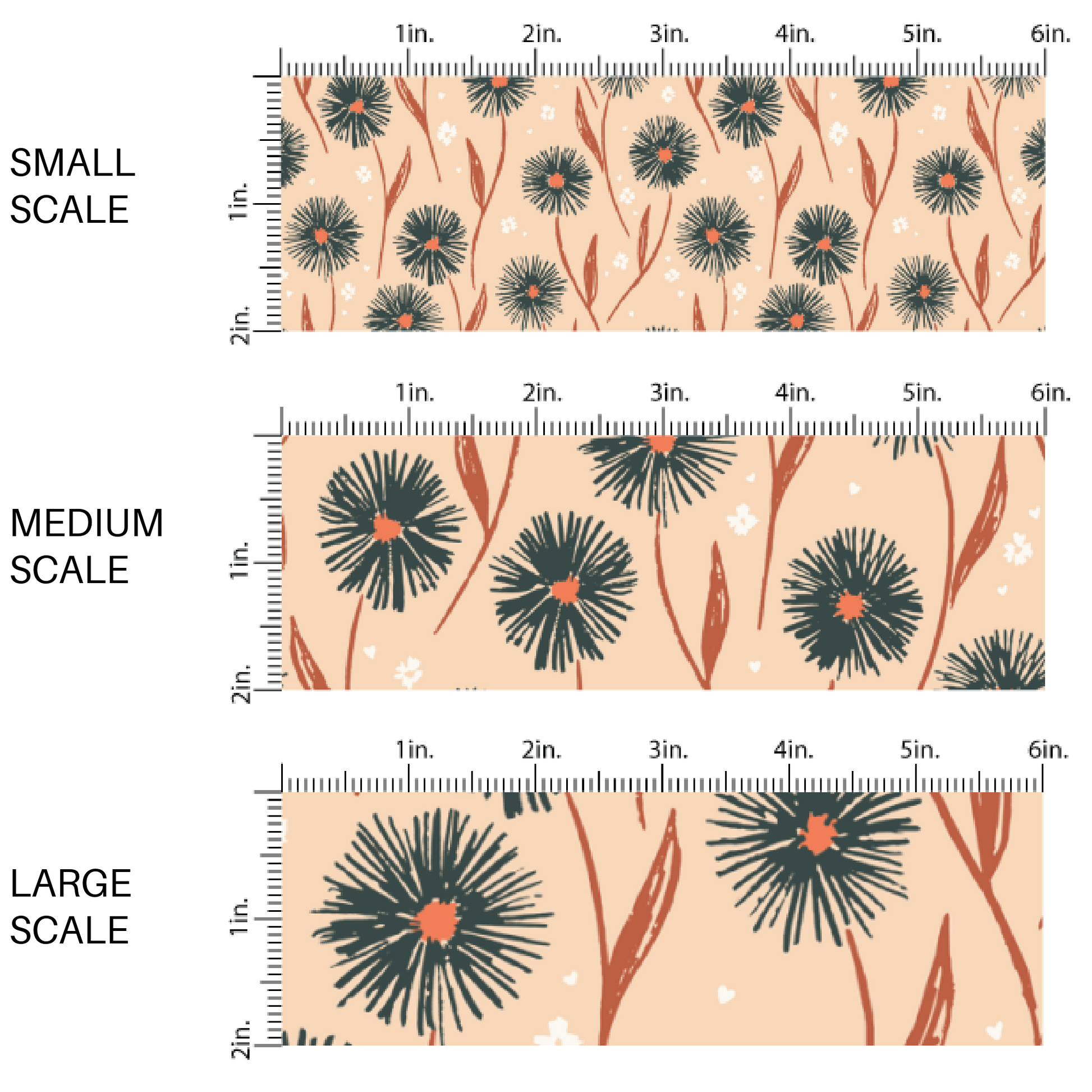 This scale chart of small scale, medium scale, and large scale of these fall floral themed fabric by the yard features small white flowers with large dark green daisies with brown stems. This fun daisy themed fabric can be used for all your sewing and crafting needs! 