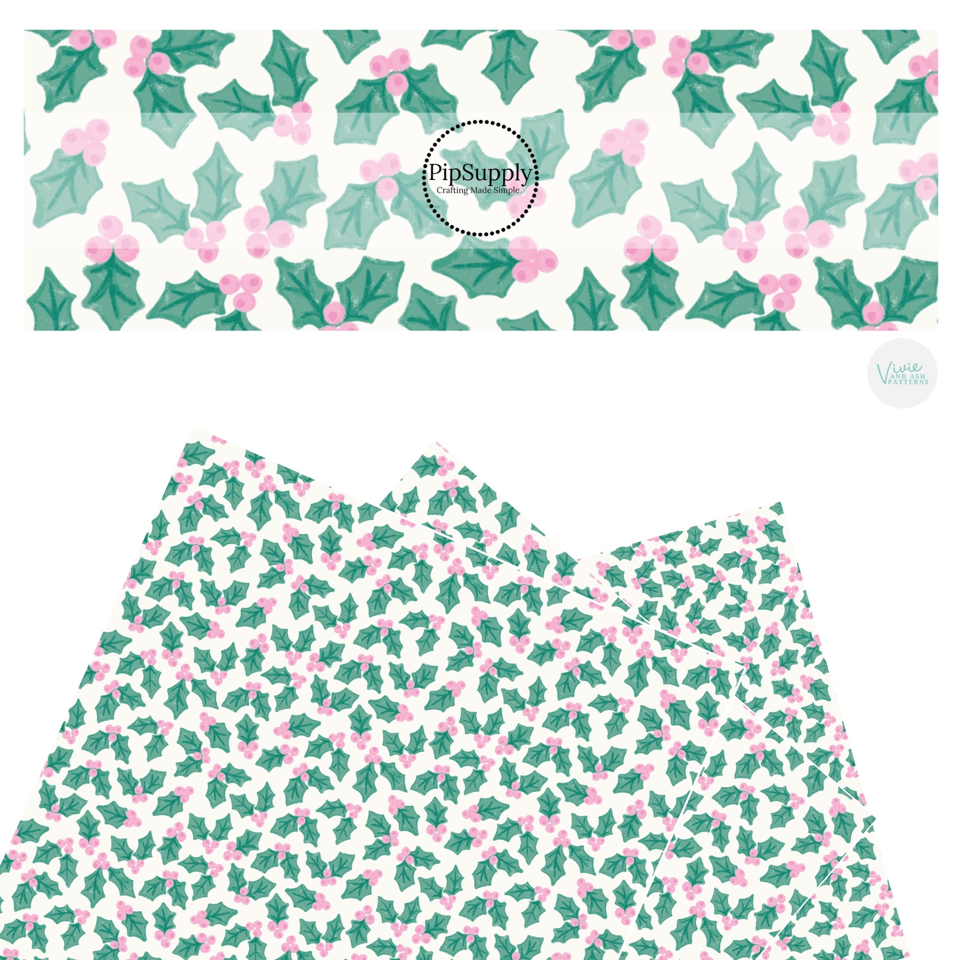 Pink berries on green holly leaves on cream faux leather sheets