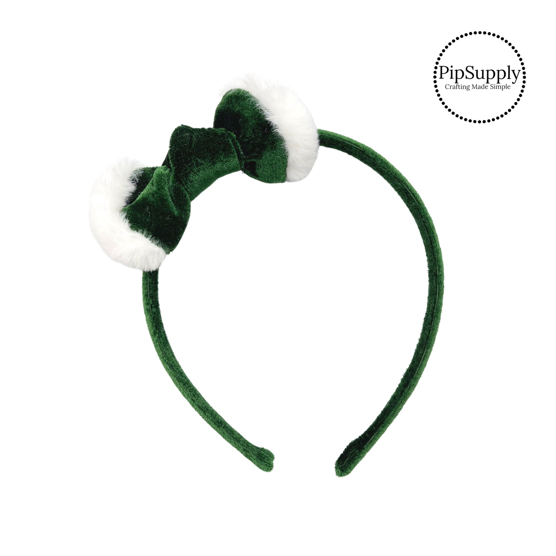 white fur on green bow on green velvet headband