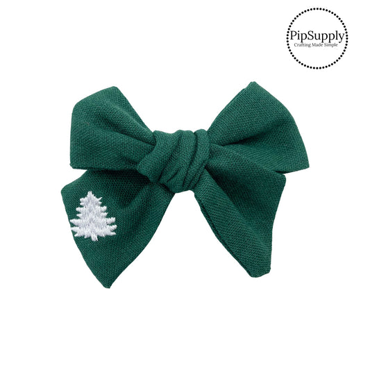Green Linen Embroidered Christmas Tree Hair Bow Strip - Ruth