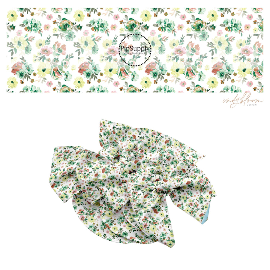 These spring themed no sew bow strips can be easily tied and attached to a clip for a finished hair bow. These bow strips are great for personal use or to sell. These bow strips feature the following design elements: green floral patterns on cream.