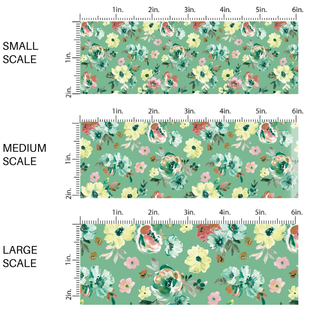 These spring fabric by the yard features green floral patterns on green. This fun pattern fabric can be used for all your sewing and crafting needs!