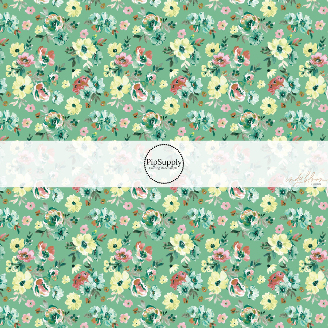 These spring fabric by the yard features green floral patterns on green. This fun pattern fabric can be used for all your sewing and crafting needs!