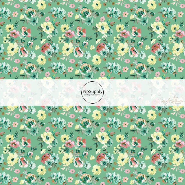 These spring fabric by the yard features green floral patterns on green. This fun pattern fabric can be used for all your sewing and crafting needs!