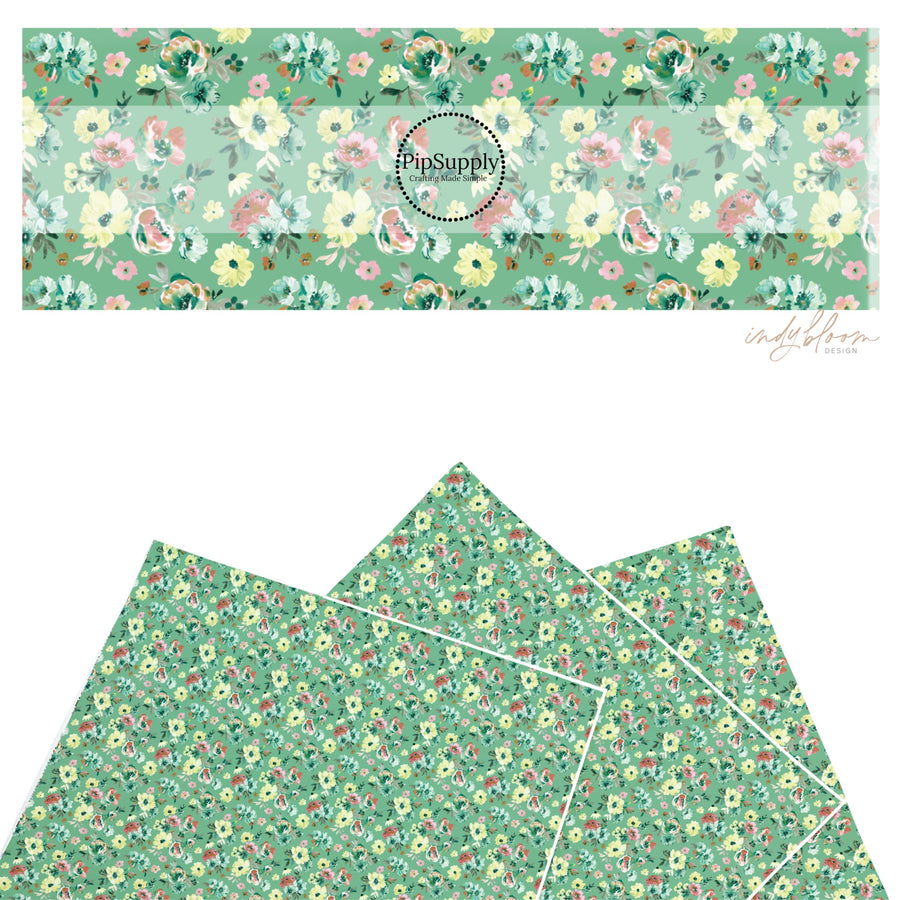 These spring themed faux leather sheets contain the following design elements: green floral patterns on green. Our CPSIA compliant faux leather sheets or rolls can be used for all types of crafting projects.