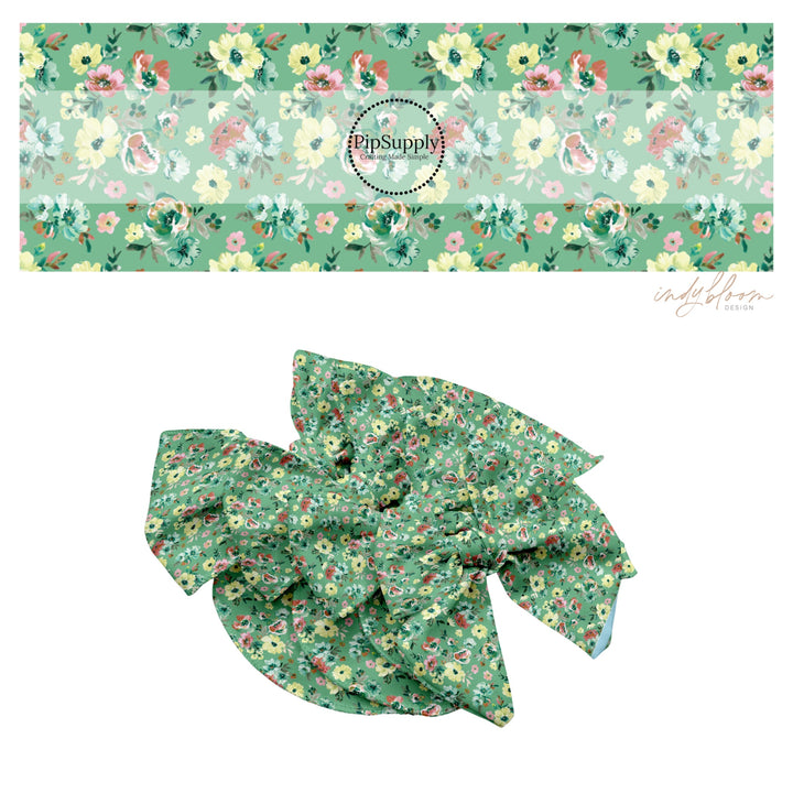 These spring themed no sew bow strips can be easily tied and attached to a clip for a finished hair bow. These bow strips are great for personal use or to sell. These bow strips feature the following design elements: green floral patterns on green.