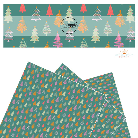 Orange, green, and pink christmas trees on green faux leather sheets