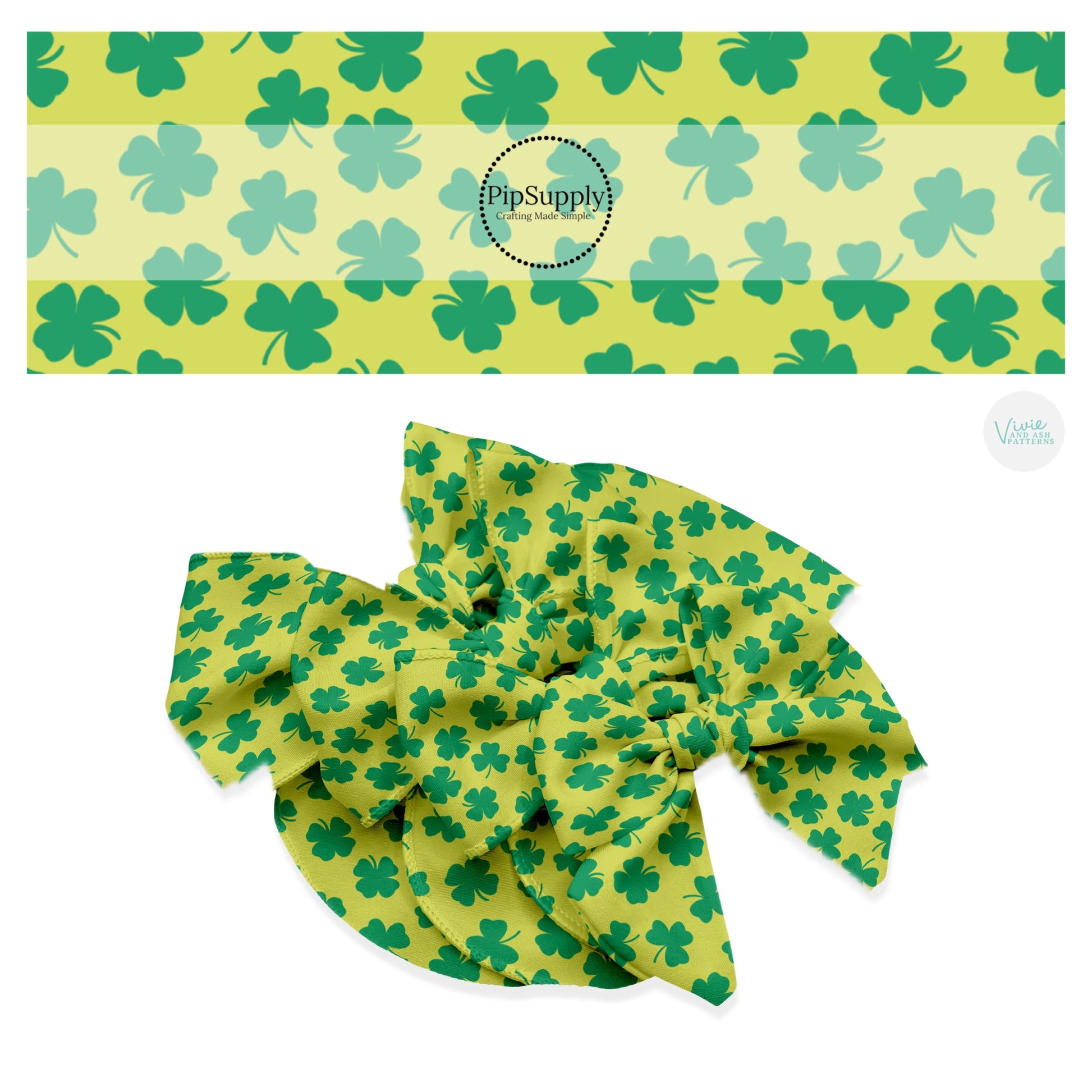 These St. Patrick's Day pattern themed no sew bow strips can be easily tied and attached to a clip for a finished hair bow. These patterned bow strips are great for personal use or to sell. These bow strips features green shamrocks on lime green. 