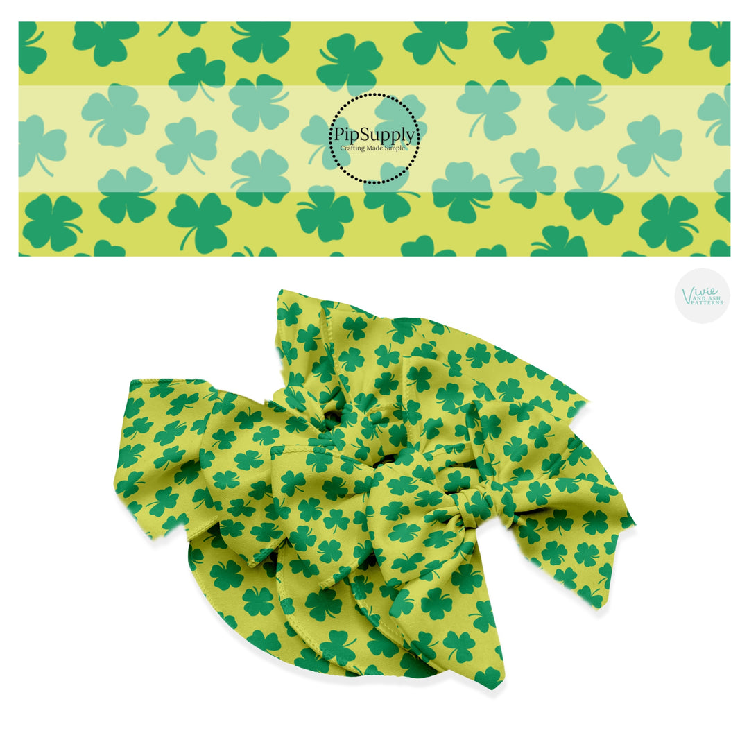 These St. Patrick's Day pattern themed no sew bow strips can be easily tied and attached to a clip for a finished hair bow. These patterned bow strips are great for personal use or to sell. These bow strips features green shamrocks on lime green. 