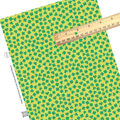 These St. Patrick's Day pattern themed faux leather sheets contain the following design elements: green shamrocks on lime green. Our CPSIA compliant faux leather sheets or rolls can be used for all types of crafting projects.