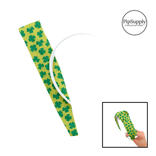 These patterned headband kits are easy to assemble and come with everything you need to make your own knotted headband. These St. Patrick's Day kits include a custom printed and sewn fabric strip and a coordinating velvet headband. This cute pattern features green shamrocks on lime green. 