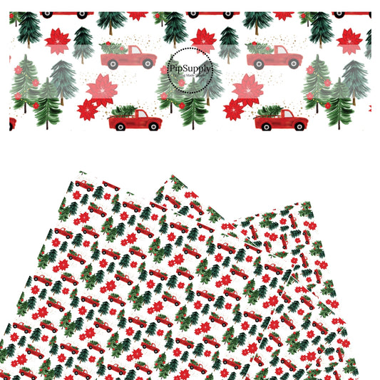 Red flowers, green christmas trees, and red trucks on white faux leather sheets