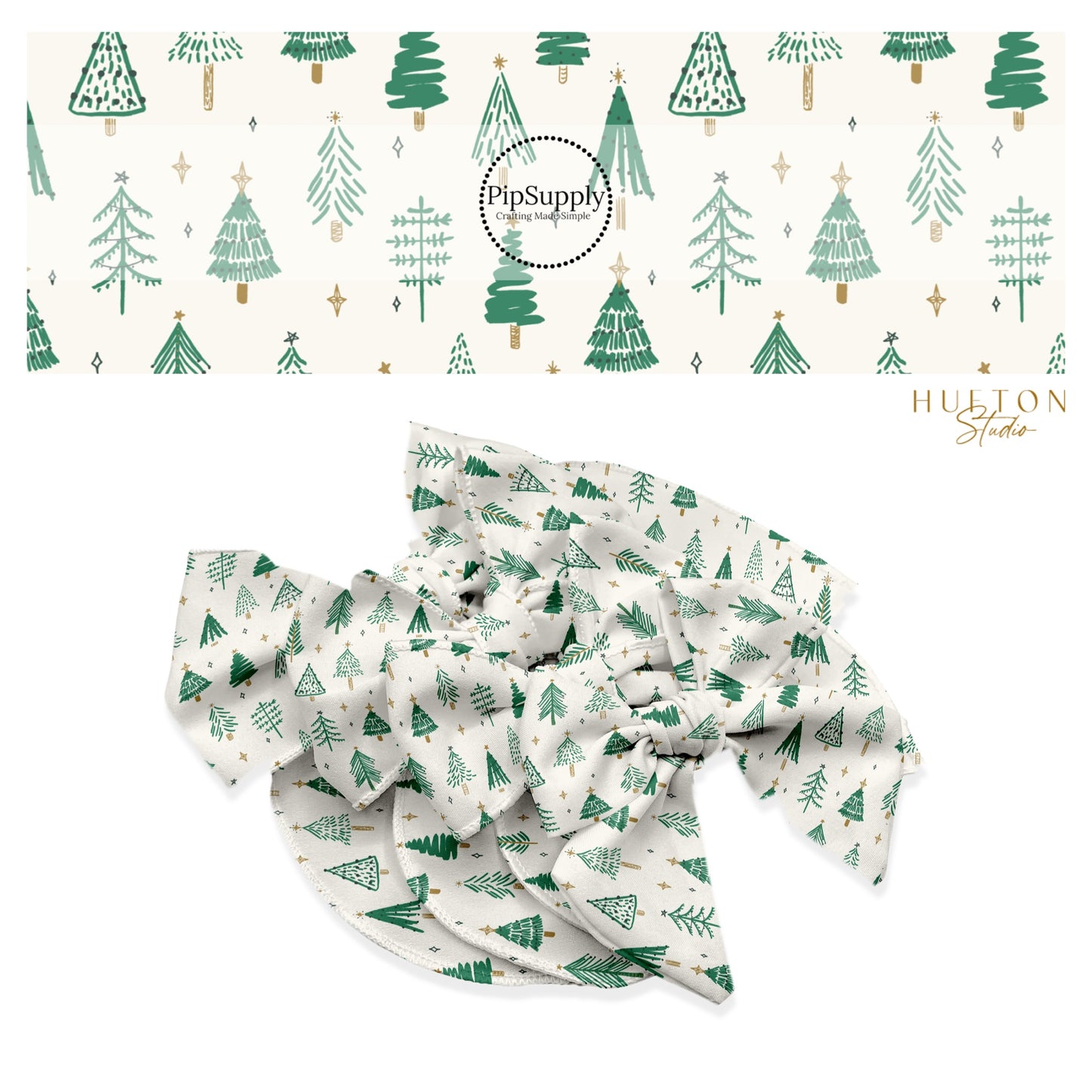 Green christmas trees with gold stars on cream hair bow strips