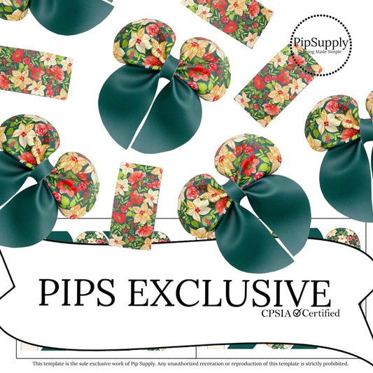 Red, green, and cream watercolor floral with green solid bubble sailor diy faux leather hair bows
