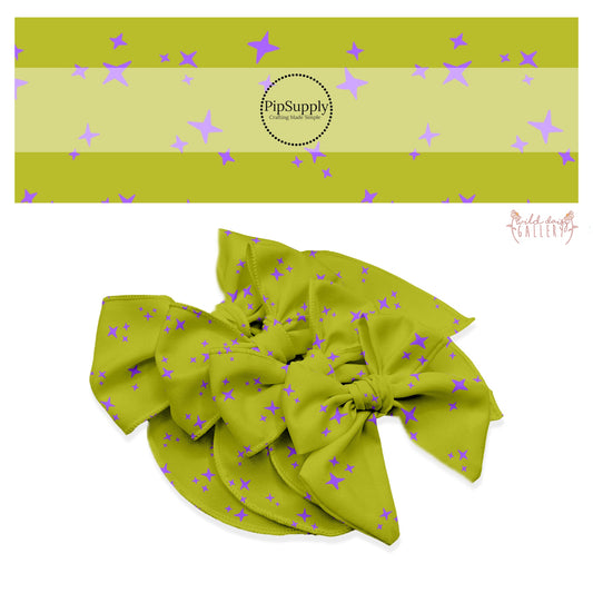 Purple scattered stars on green hair bow strips