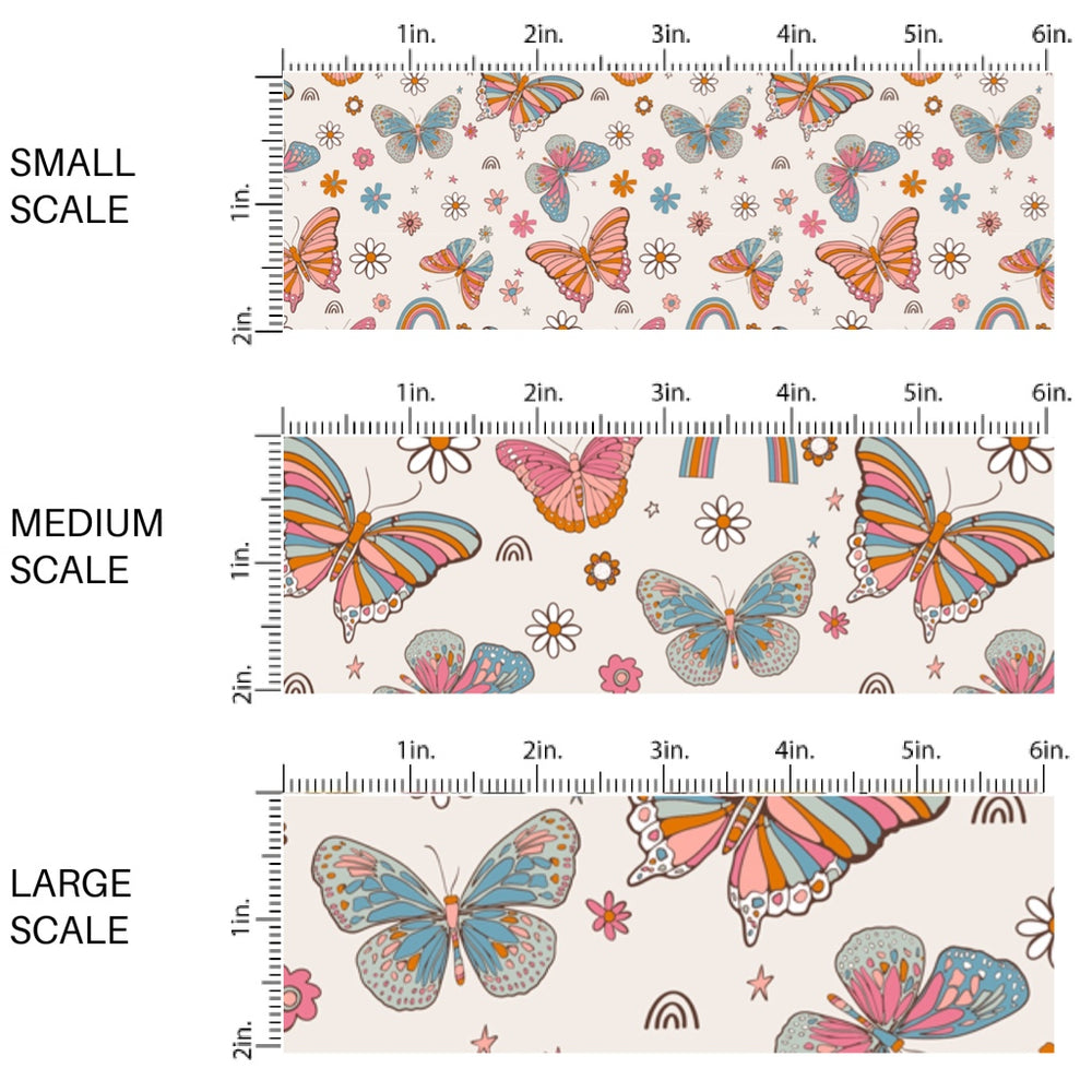 This scale chart of small scale, medium scale, and large scale of this summer fabric by the yard features multi colored butterflies surrounded by rainbows and daisies. This fun summer themed fabric can be used for all your sewing and crafting needs!