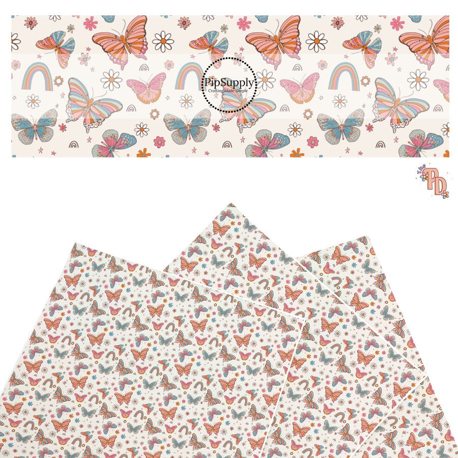 These summer faux leather sheets contain the following design elements: multi colored butterflies surrounded by rainbows and daisies. Our CPSIA compliant faux leather sheets or rolls can be used for all types of crafting projects.