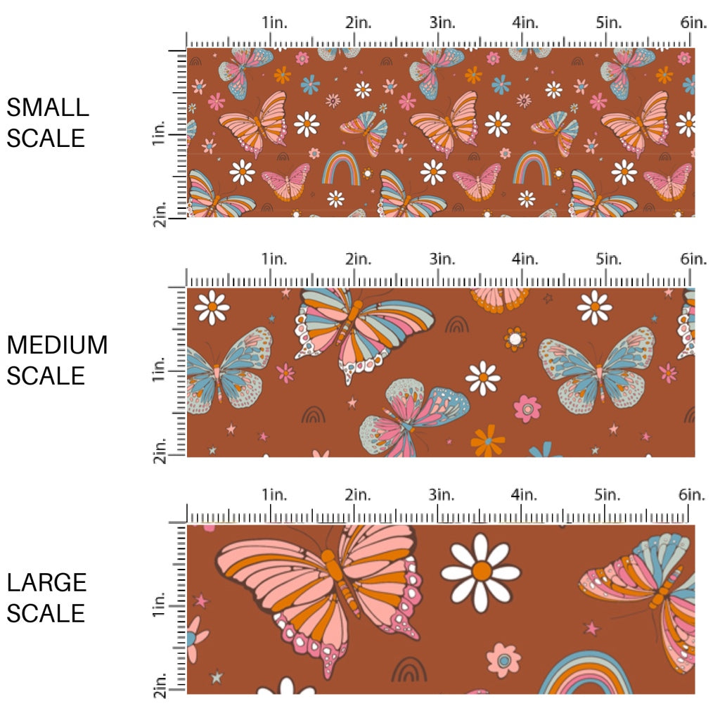 This scale chart of small scale, medium scale, and large scale of this summer fabric by the yard features multi colored butterflies surrounded by rainbows and daisies. This fun summer themed fabric can be used for all your sewing and crafting needs!