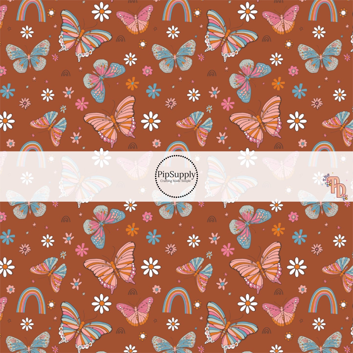 This summer fabric by the yard features multi colored butterflies surrounded by rainbows and daisies. This fun summer themed fabric can be used for all your sewing and crafting needs!