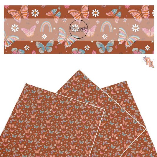 These summer faux leather sheets contain the following design elements: multi colored butterflies surrounded by rainbows and daisies. Our CPSIA compliant faux leather sheets or rolls can be used for all types of crafting projects.