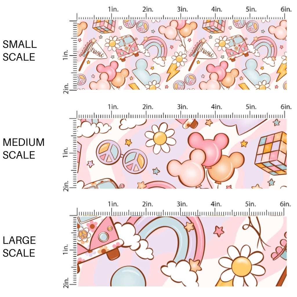 This scale chart of small scale, medium scale, and large scale of this magical adventure inspired fabric by the yard features the following design: daisies, rainbows, vans, peace signs, and mouse ears on light pink, light purple, and cream. This fun themed fabric can be used for all your sewing and crafting needs!
