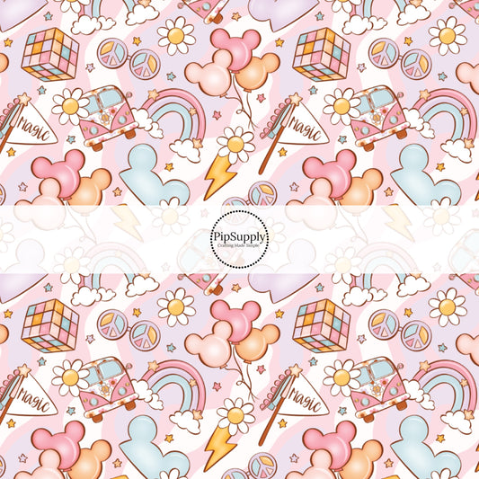 This magical adventure inspired fabric by the yard features the following design: daisies, rainbows, vans, peace signs, and mouse ears on light pink, light purple, and cream. This fun themed fabric can be used for all your sewing and crafting needs!