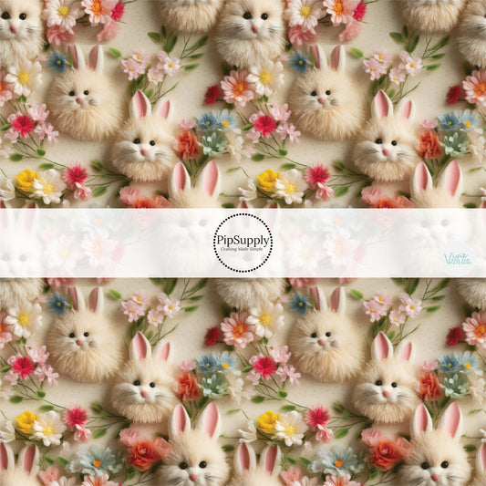 Spring Faux Embroidered Fluffy White Bunnies and Florals Fabric by the Yard.