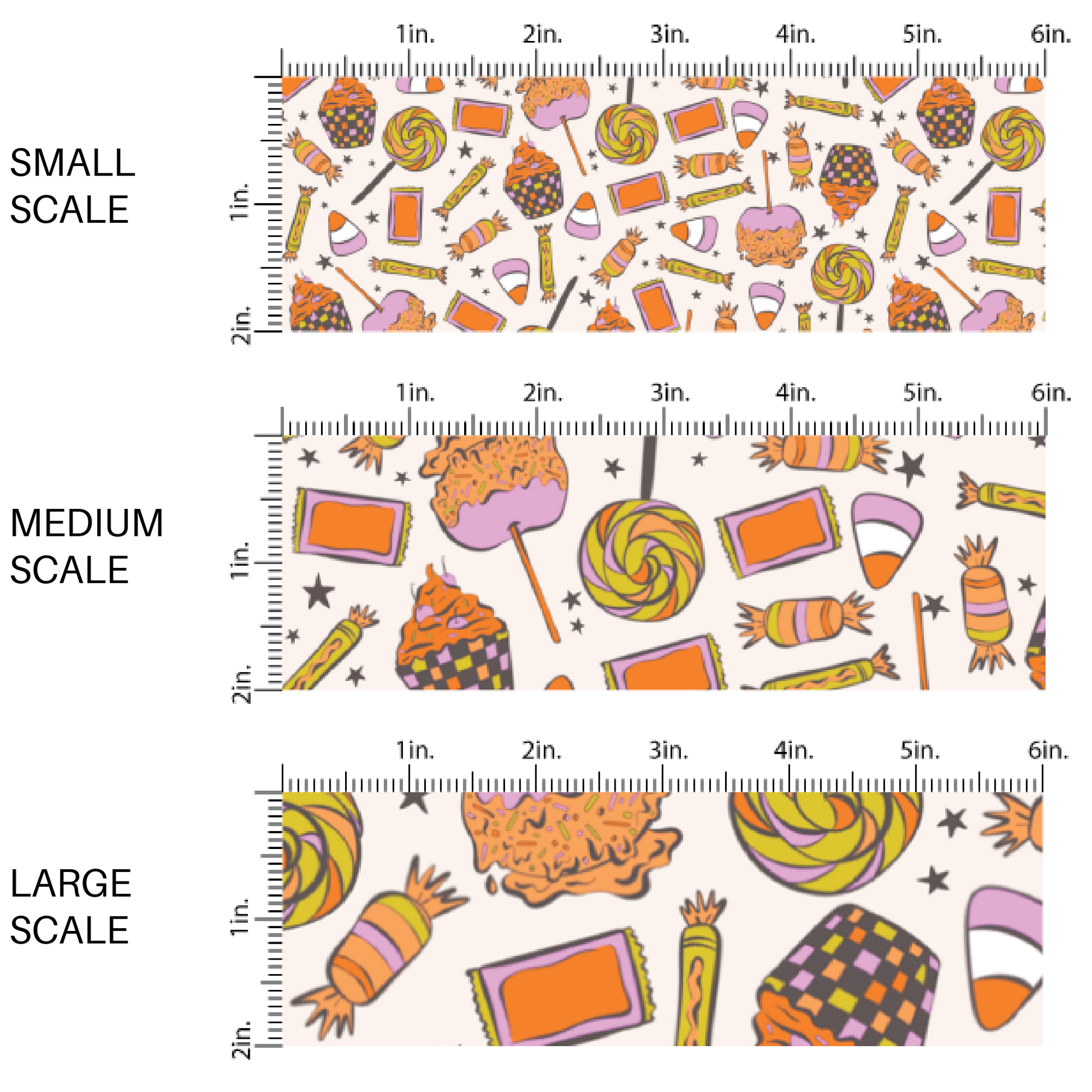 This scale chart of small scale, medium scale, and large scale of these Halloween themed cream fabric by the yard features Halloween treats that include candy, cupcakes, and caramel apples. This fun spooky themed fabric can be used for all your sewing and crafting needs! 