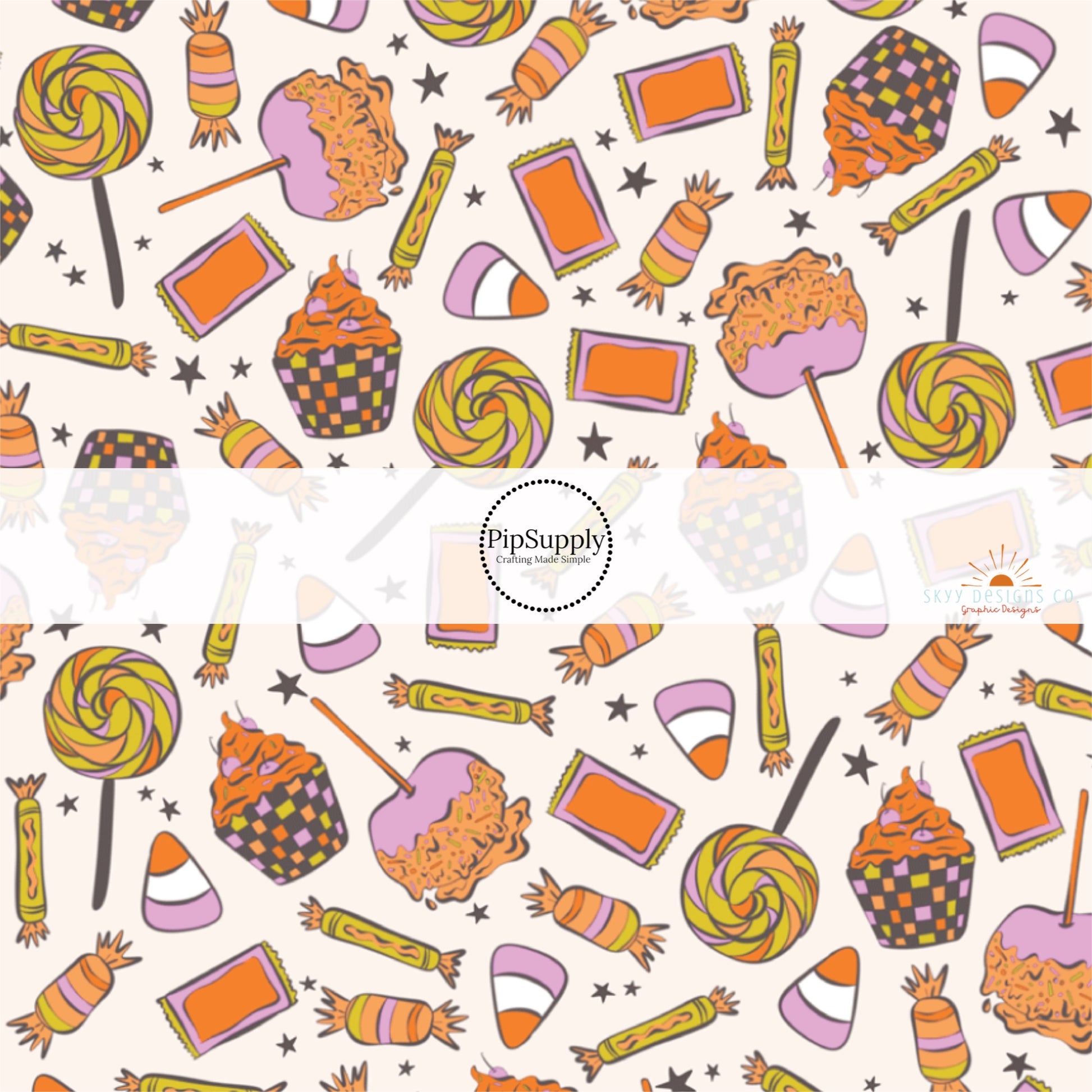 These Halloween themed cream fabric by the yard features Halloween treats that include candy, cupcakes, and caramel apples. This fun spooky themed fabric can be used for all your sewing and crafting needs! 