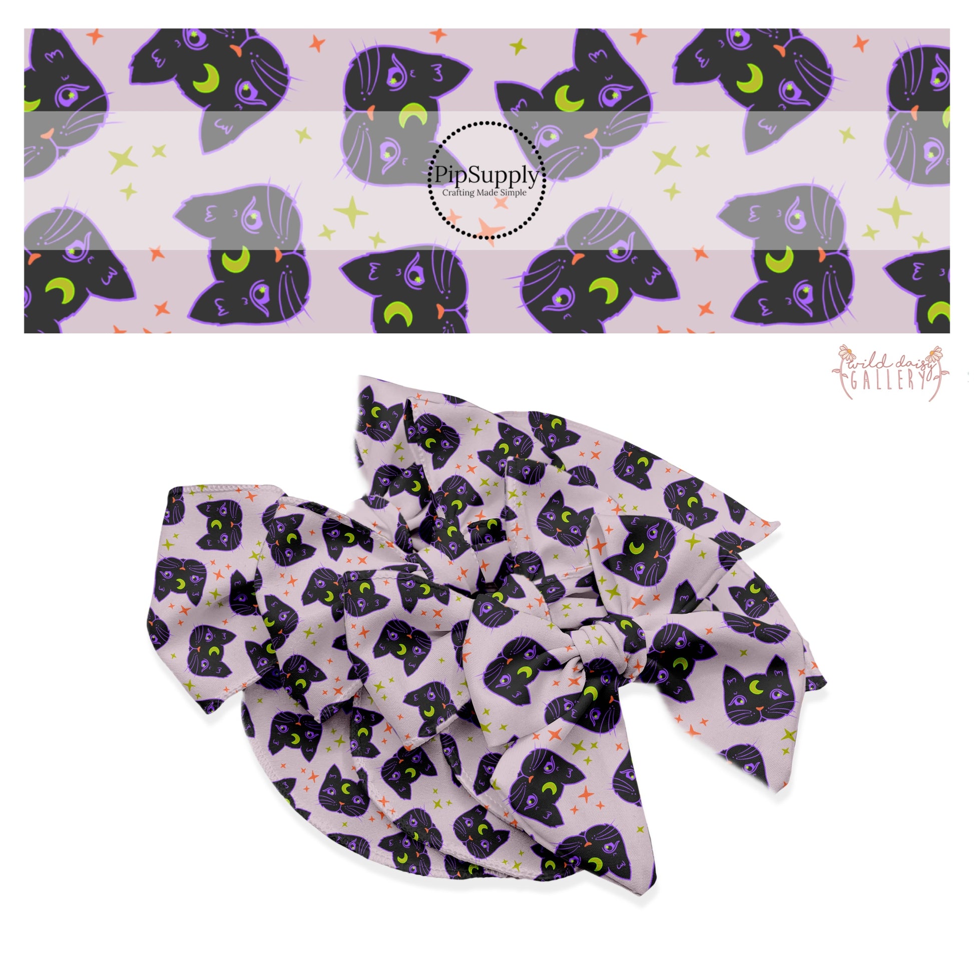 Black kitties with stars on lavender hair bow strips