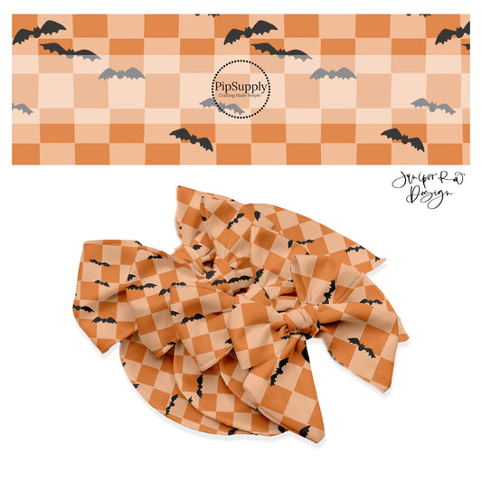 Black bats on multi orange checkered hair bow strips