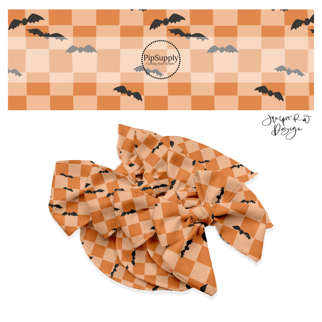 Black bats on multi orange checkered hair bow strips