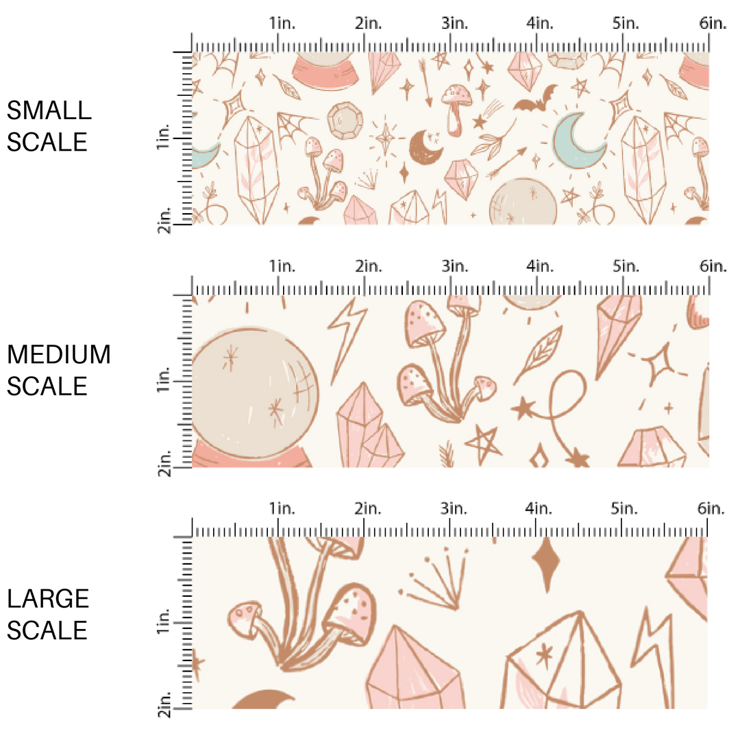 This scale chart of small scale, medium scale, and large scale of these Halloween themed cream fabric by the yard features crystal balls, crystals, bats, stars, and moons on cream. This fun spellbound themed fabric can be used for all your sewing and crafting needs! 