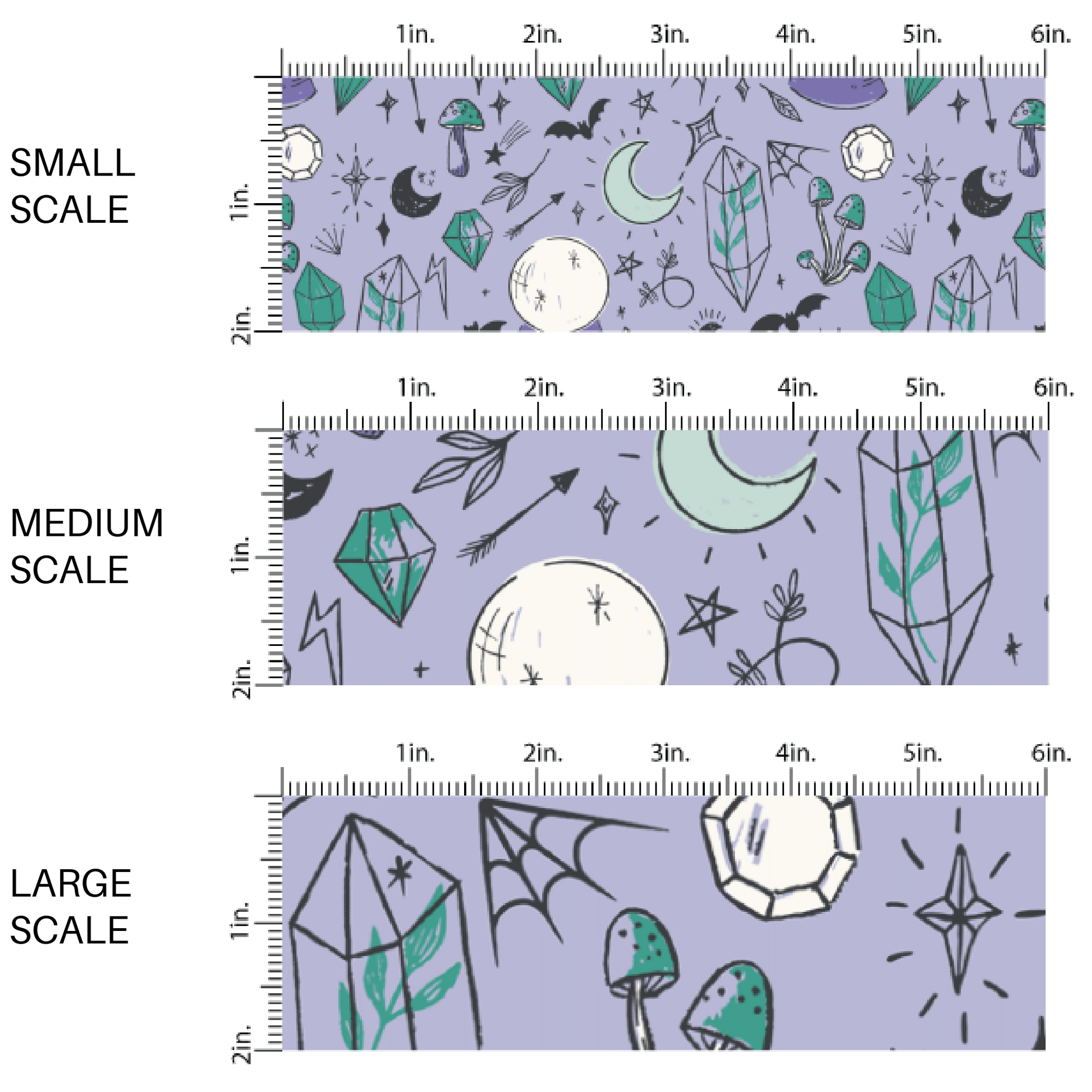 This scale chart of small scale, medium scale, and large scale of these Halloween themed light purple fabric by the yard features crystal balls, crystals, bats, stars and moons on purple. This fun themed fabric can be used for all your sewing and crafting needs! 