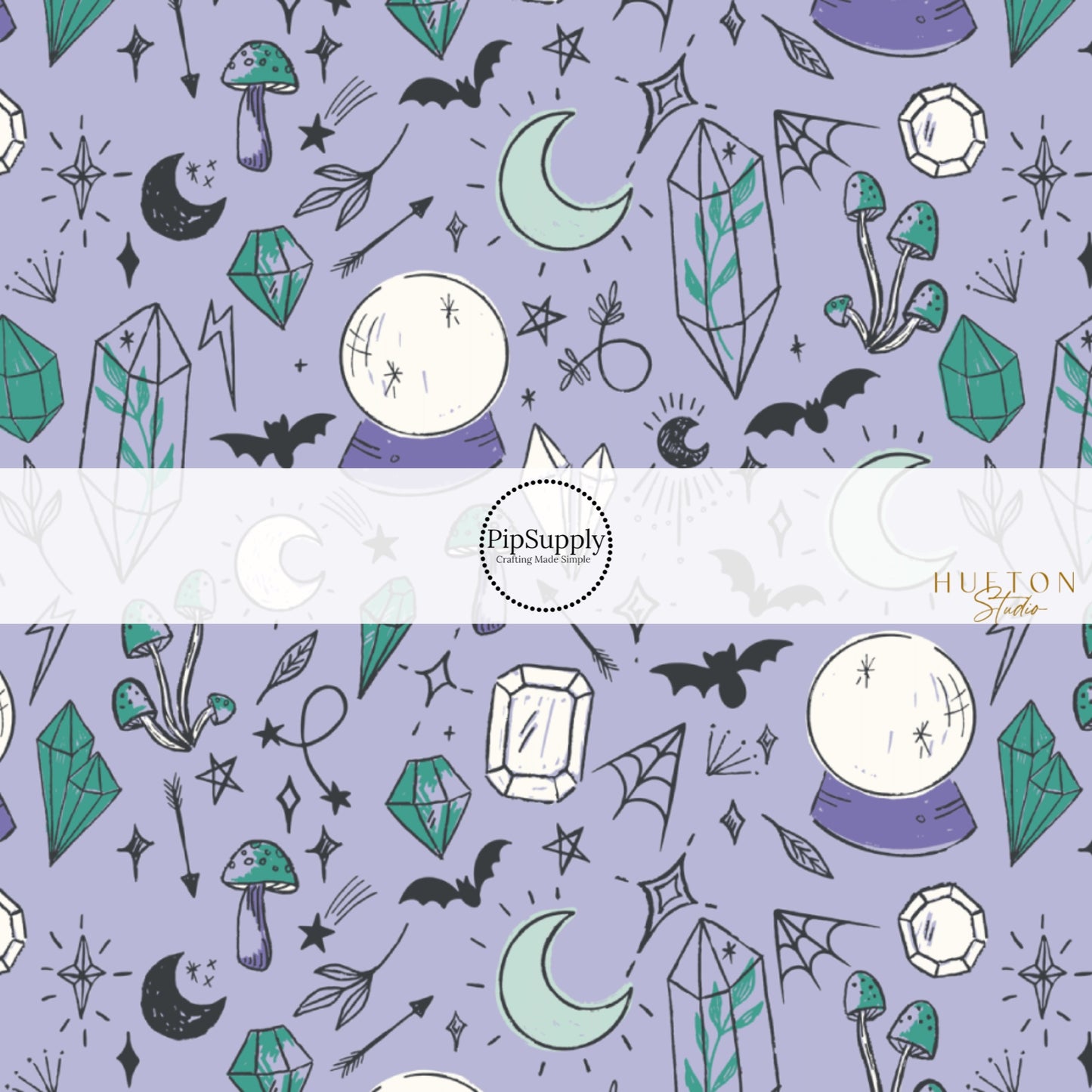 These Halloween themed light purple fabric by the yard features crystal balls, crystals, bats, stars and moons on purple. This fun themed fabric can be used for all your sewing and crafting needs! 