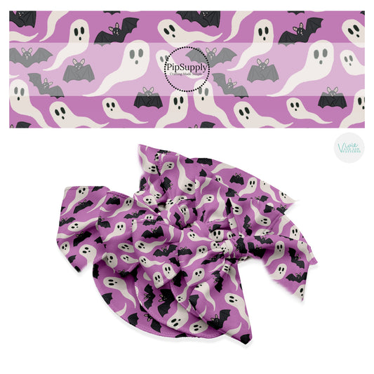 Black bats and cream ghost on purple hair bow strips