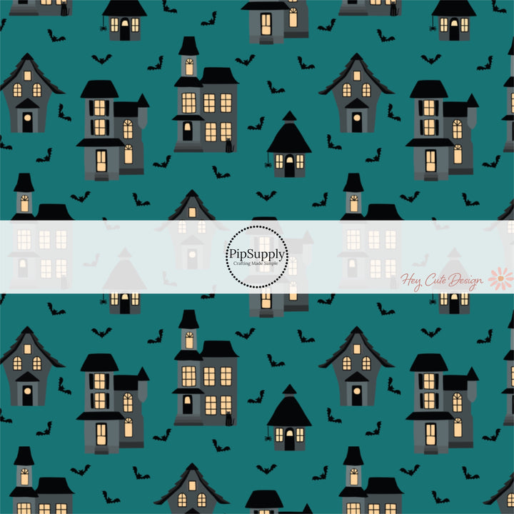 Halloween houses and bats on dark teal hair bow strips