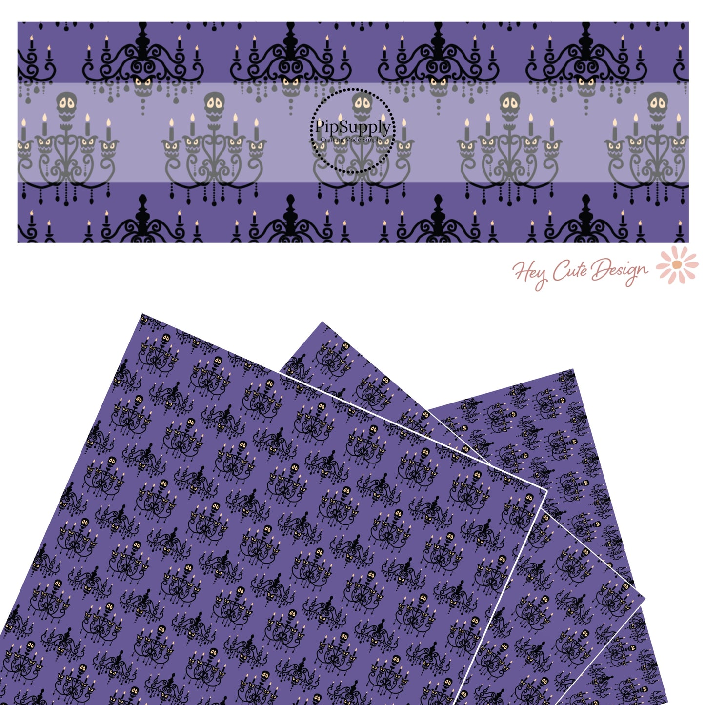 Black skeleton chandelier on purple faux leather sheets