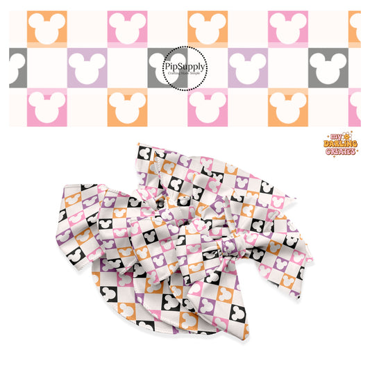 Pink, orange, purple, and black mouse checkered hair bow strips