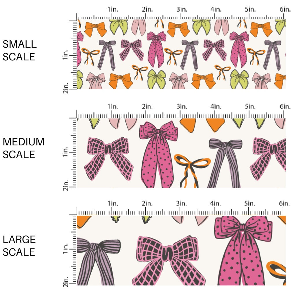 This scale chart of these Halloween themed pattern fabric by the yard features the following design elements: colorful pattern bows on white. This fun themed fabric can be used for all your sewing and crafting needs!