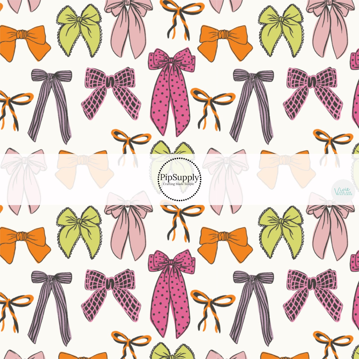 These Halloween themed pattern fabric by the yard features the following design elements: colorful pattern bows on white. This fun themed fabric can be used for all your sewing and crafting needs!