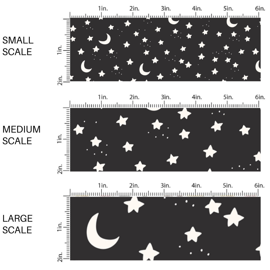 These Halloween themed pattern fabric by the yard features the following design elements: stars and moons on black. This fun spooky themed fabric can be used for all your sewing and crafting needs!