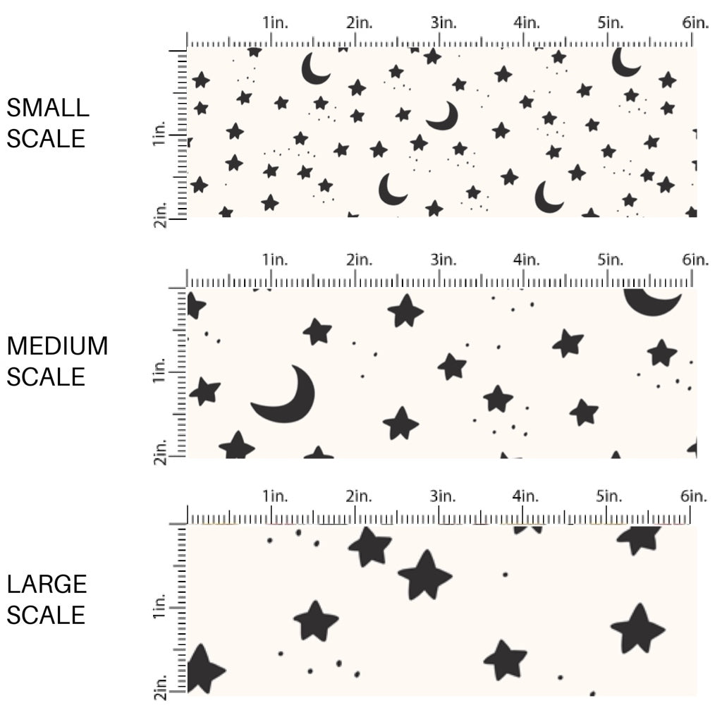 These Halloween themed pattern fabric by the yard features the following design elements: stars and moons on cream. This fun spooky themed fabric can be used for all your sewing and crafting needs!