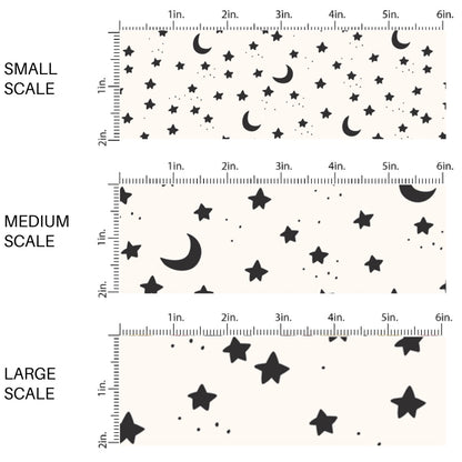 These Halloween themed pattern fabric by the yard features the following design elements: stars and moons on cream. This fun spooky themed fabric can be used for all your sewing and crafting needs!