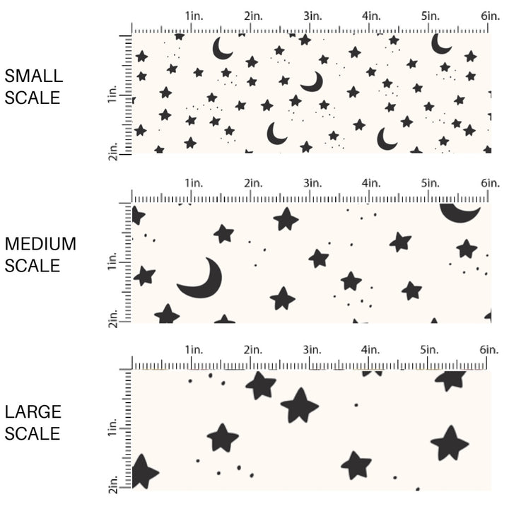 These Halloween themed pattern fabric by the yard features the following design elements: stars and moons on cream. This fun spooky themed fabric can be used for all your sewing and crafting needs!