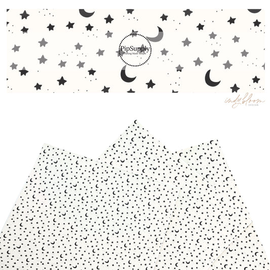 These Halloween themed pattern faux leather sheets contain the following design elements: stars and moons on cream. Our CPSIA compliant faux leather sheets or rolls can be used for all types of crafting projects.