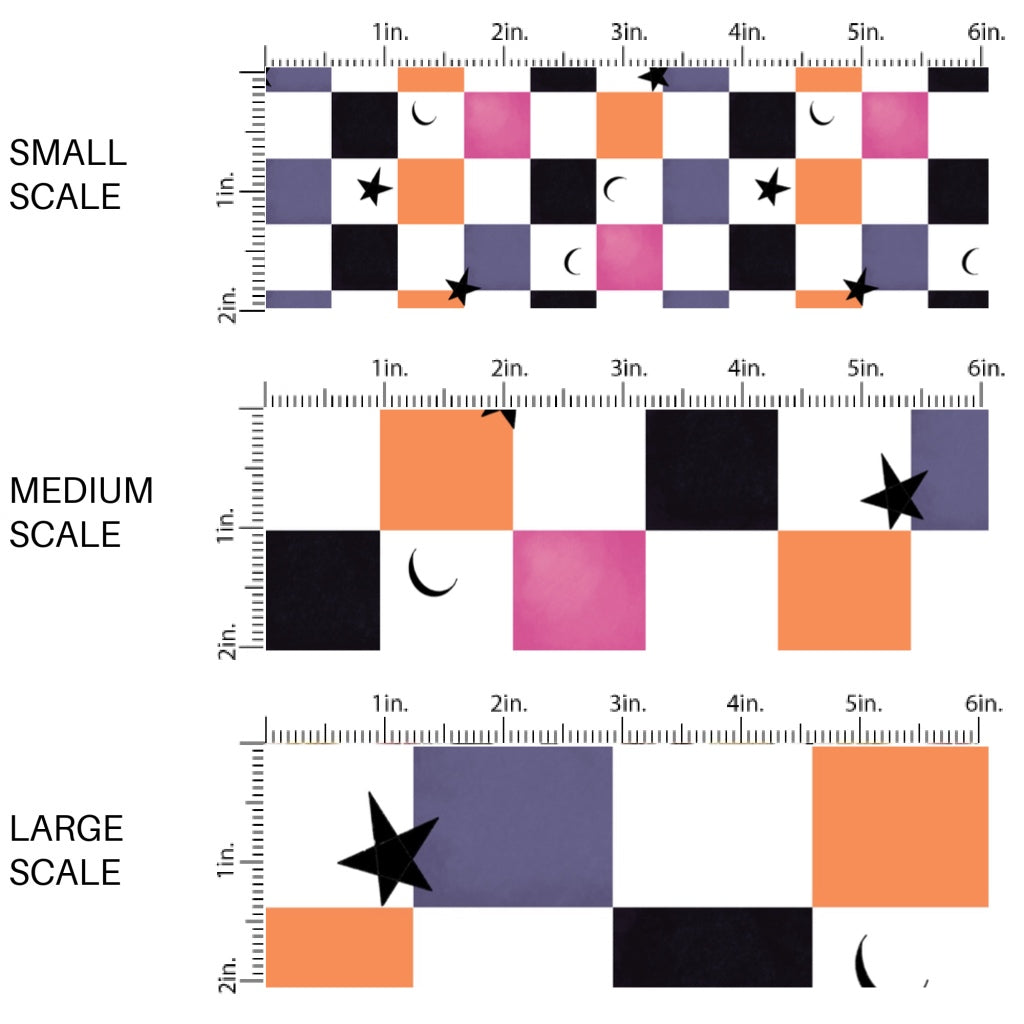 This scale chart of small scale, medium scale, and large scale of these Halloween themed pattern fabric by the yard features the following design elements: colorful checkered pattern with tiny stars and moons. This fun spooky themed fabric can be used for all your sewing and crafting needs!