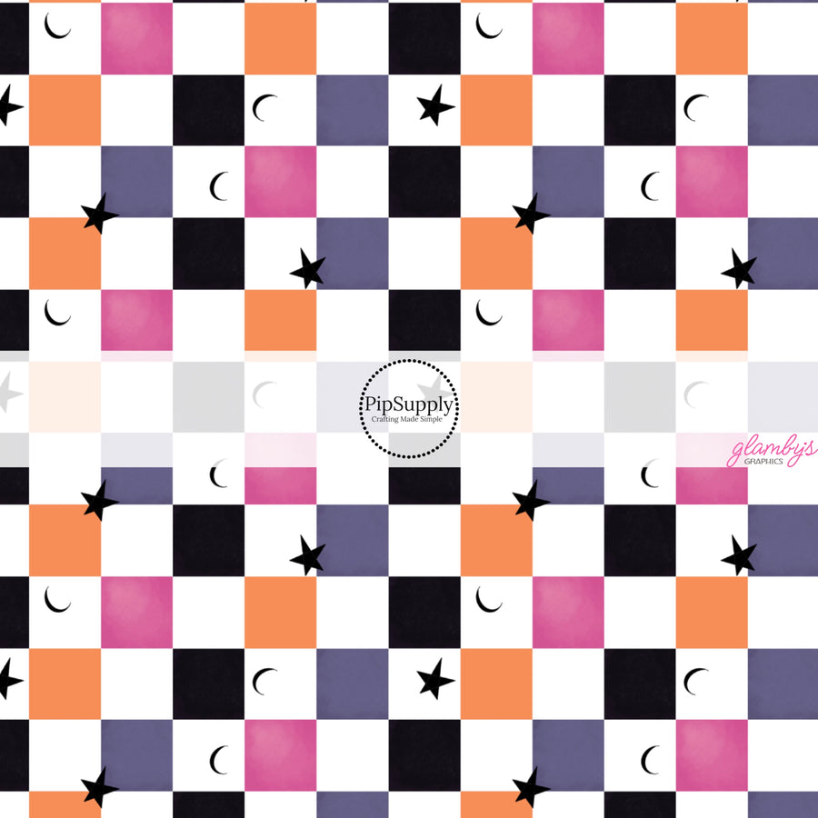 These Halloween themed pattern fabric by the yard features the following design elements: colorful checkered pattern with tiny stars and moons. This fun spooky themed fabric can be used for all your sewing and crafting needs!