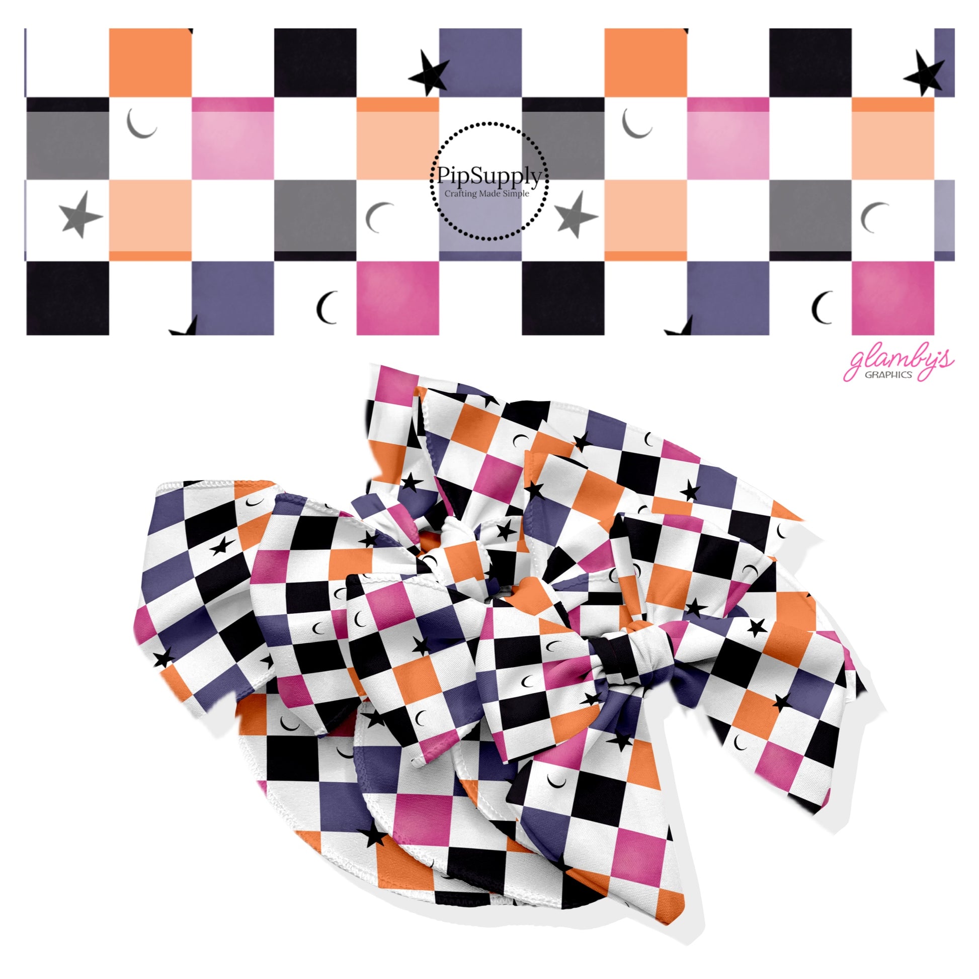 These Halloween themed no sew bow strips can be easily tied and attached to a clip for a finished hair bow. These fun spooky patterned bow strips are great for personal use or to sell. These bow strips feature the following design elements: colorful checkered pattern with tiny stars and moons.