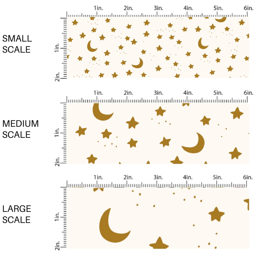 These Halloween themed pattern fabric by the yard features the following design elements: stars and moons on cream. This fun spooky themed fabric can be used for all your sewing and crafting needs!